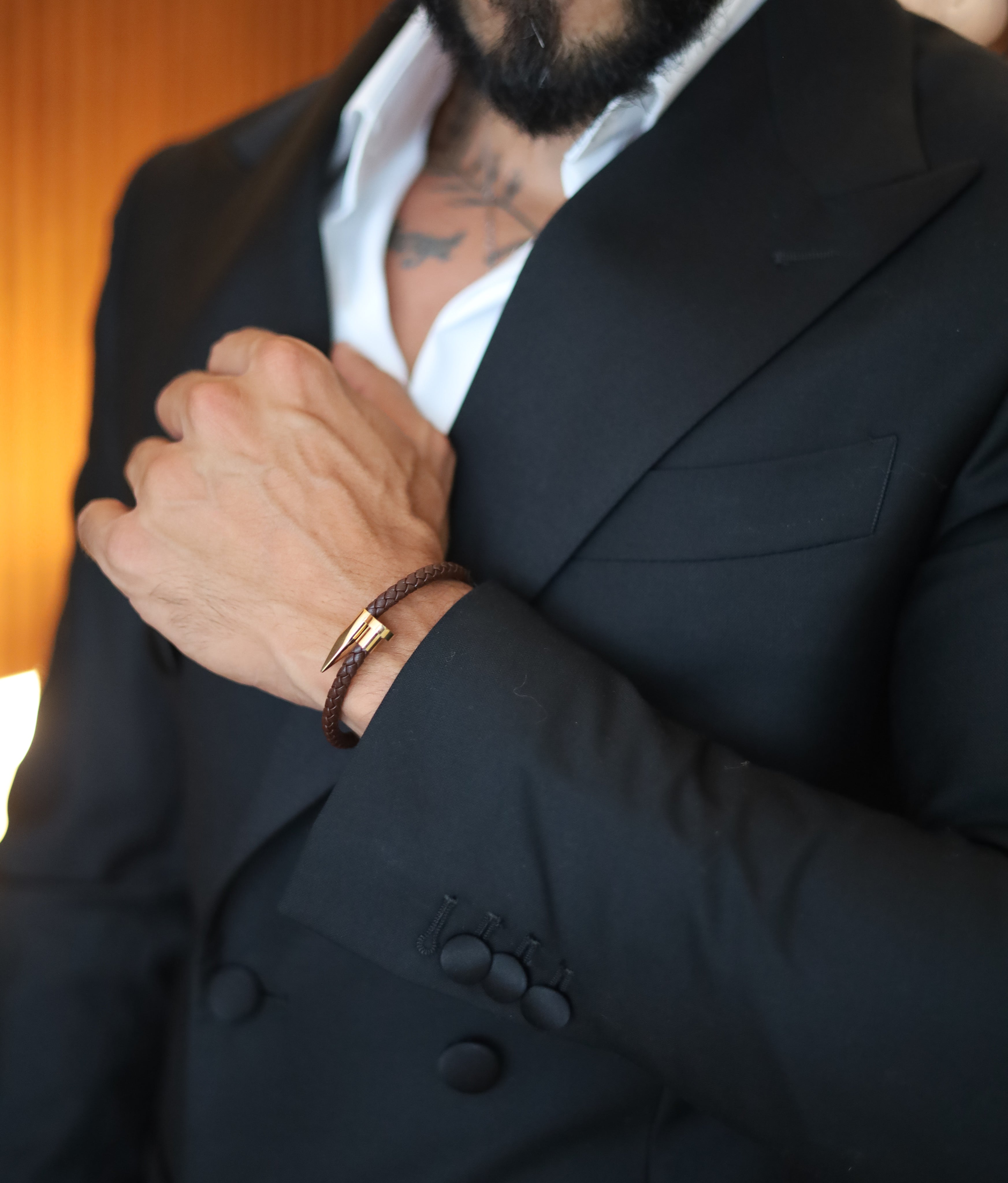 Boldwrist Nail leather bracelet design in Gold and Brown Leather
